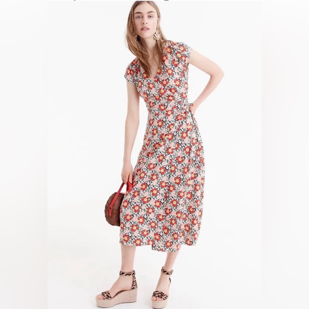New J.CREW Floral Wrap Midi Dress Cap Sleeve Colorful Blue Orange Pink Green